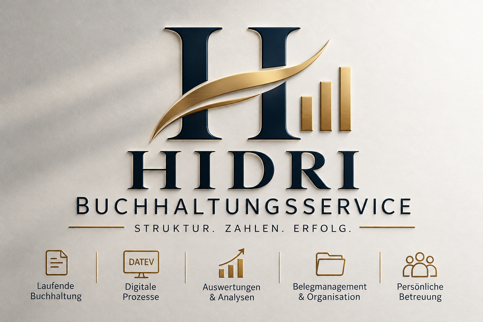 HIDRI Buchhaltungsservice – goldenes H-Logo mit dem Motto Struktur. Zahlen. Erfolg.