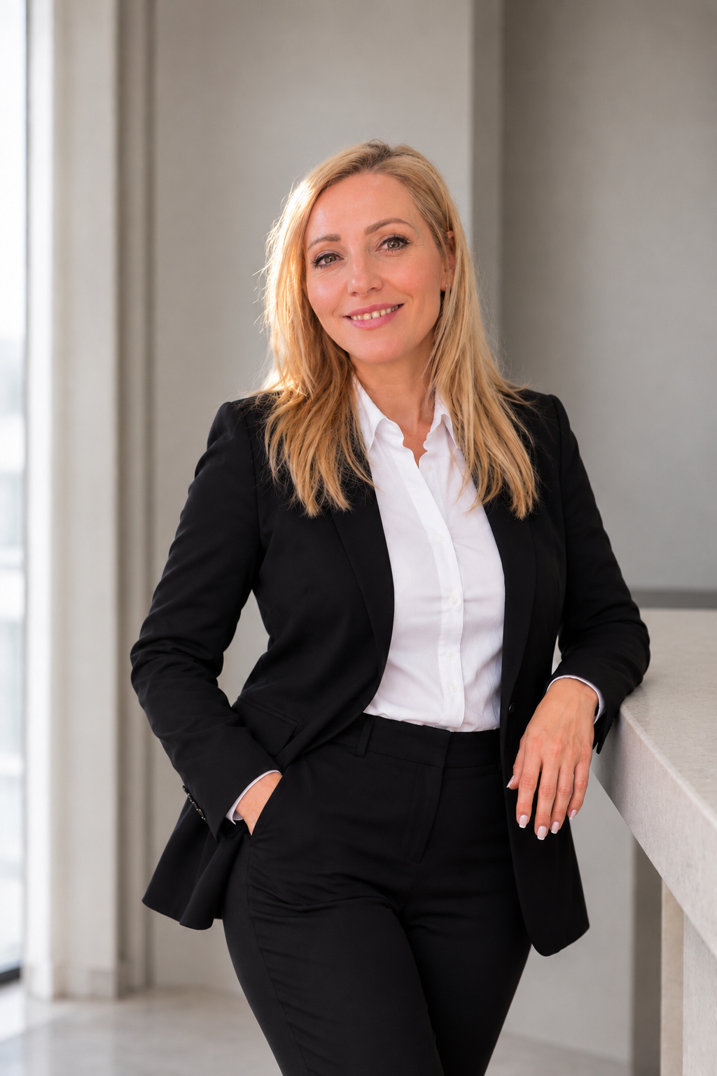 Valmira Hidri im schwarzen Businessanzug und weißer Bluse